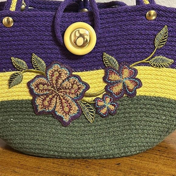 Unique Woven Rope Jute Bucket Floral Embroidered Purple and Green Handbag - Picture 4 of 16